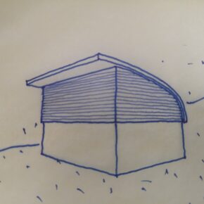 handzeichnung eines kleinen Hauses mit abgerundetem Dach.