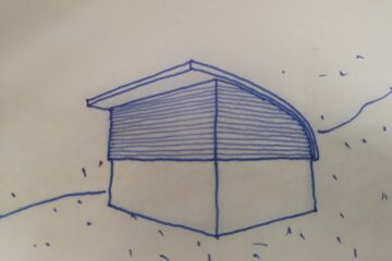 handzeichnung eines kleinen Hauses mit abgerundetem Dach.