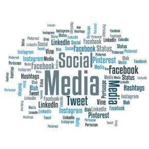 textblase mit diversen social media plattformen wie linkedin, facebook etc.