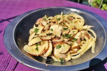 Linguine mit Champignons und Petersilie auf einem blaugrauen Teller auf einem violetten Tisch in der Sonne.