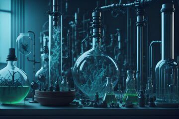 ai-bild von kolben und flaschen in einem labor-setting, Das Bild ist in dunklem Blau gehalten und wirkt ein wenig gruselig.