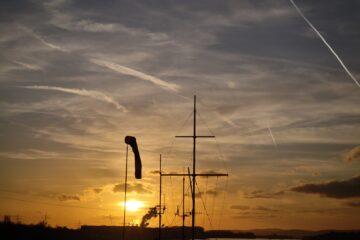 Sunset from the arched bridge over the Schierstein harbor.